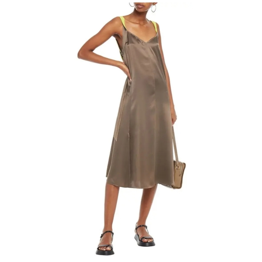 NWT RAG & BONE Colette Neon-trimmed Silk-satin Slip Dress In Grey Moss Sz XS